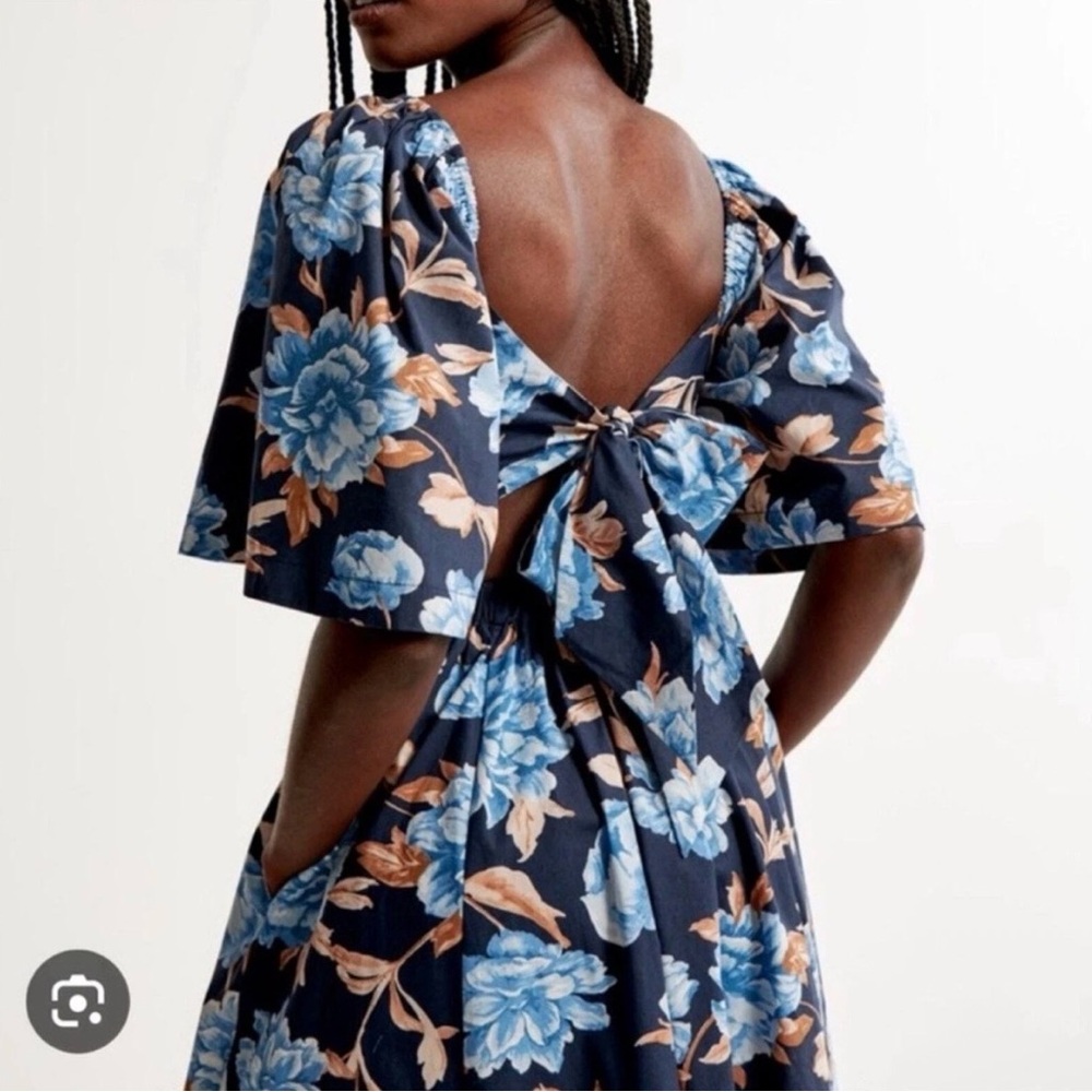 Abercrombie & Fitch Navy Floral Midi Dress with Blue and Tan Flowers - Picture 2 of 6